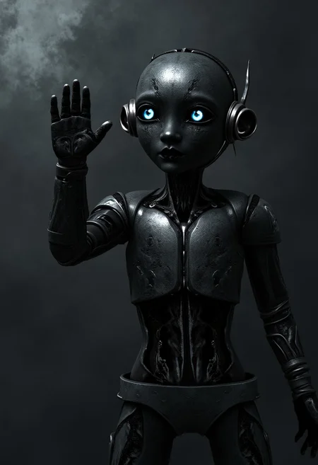 A photo of a beautiful metal robot waving to the camera with thick black smoke in the background