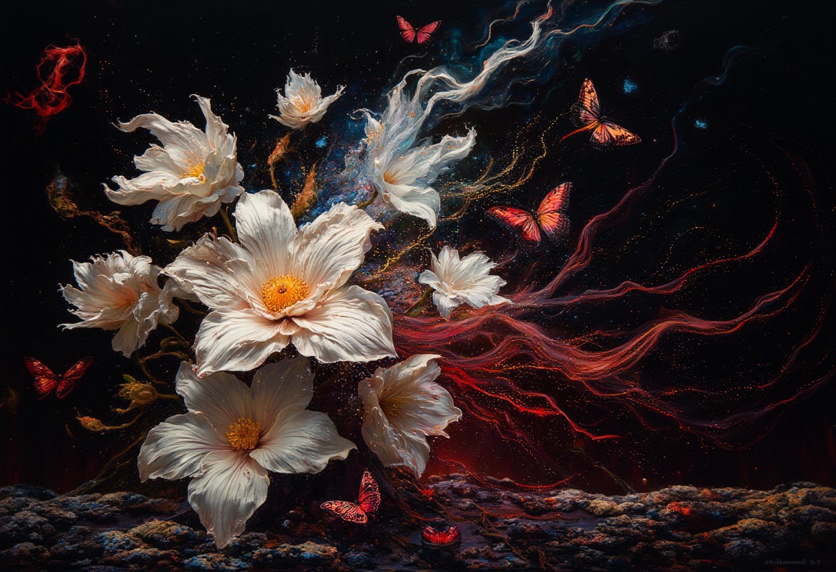 ArsMJStyle, impressionism, Ukiyo-e, A surreal and painterly composition featuring **radiant white flowers** and **dark ethereal butterflies** against a pitch-black background. The flowers exude a sense of purity and holiness. The petals are stained with crimson blood. The butterflies pulse with an otherworldly light, and their wings are traced with intricate patterns.
The atmosphere is enhanced by a dreamy **bokeh effect** that scatters soft glimmers of gold and crimson throughout the composition, creating depth and a sense of quiet wonder. The interplay of **rich white highlights and deep black shadows** evokes an enchanting, almost mystical ambiance. Subtle sparks float in the air, adding a dynamic, surreal quality to the scene.
The overall aesthetic is vivid yet balanced, emphasizing the **contrast between the glowing warmth of the flowers and harshness of the butterflies**. Rendered in **8K ultra-detail**, the textures are hyper-realistic, while the colors glow with an intense vibrancy, embodying an elegant harmony of surreal beauty and luxurious simplicity.