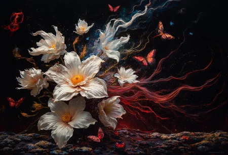 ArsMJStyle, impressionism, Ukiyo-e, A surreal and painterly composition featuring **radiant white flowers** and **dark ethereal butterflies** against a pitch-black background. The flowers exude a sense of purity and holiness. The petals are stained with crimson blood. The butterflies pulse with an otherworldly light, and their wings are traced with intricate patterns.
The atmosphere is enhanced by a dreamy **bokeh effect** that scatters soft glimmers of gold and crimson throughout the composition, creating depth and a sense of quiet wonder. The interplay of **rich white highlights and deep black shadows** evokes an enchanting, almost mystical ambiance. Subtle sparks float in the air, adding a dynamic, surreal quality to the scene.
The overall aesthetic is vivid yet balanced, emphasizing the **contrast between the glowing warmth of the flowers and harshness of the butterflies**. Rendered in **8K ultra-detail**, the textures are hyper-realistic, while the colors glow with an intense vibrancy, embodying an elegant harmony of surreal beauty and luxurious simplicity.