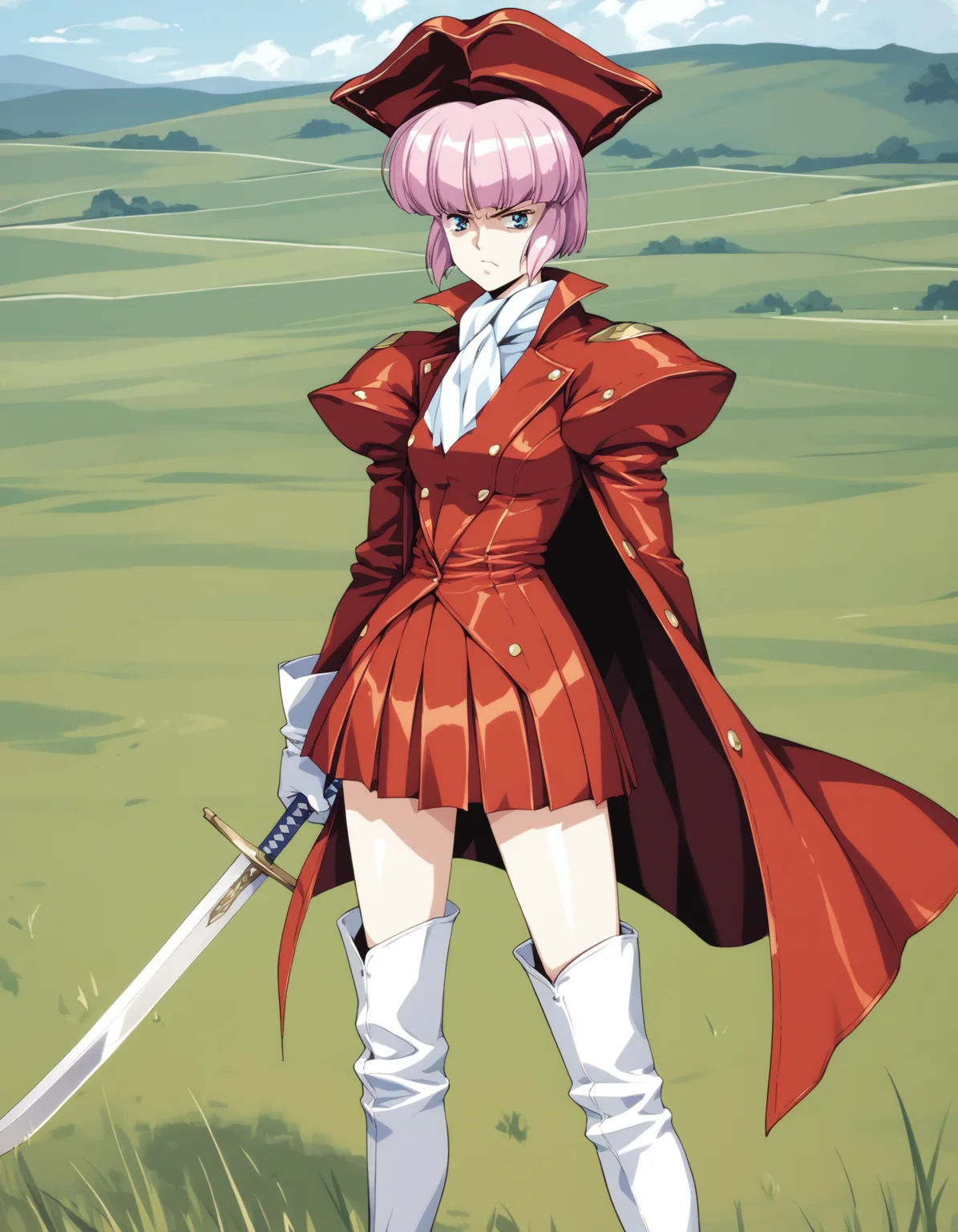 score_9, score_8_up, score_7_up
<lora:diana-silverneil-000030:1> diana silverneil, gloves, hat, long sleeves, pleated skirt, red skirt, puffy sleeves, red coat, knee boots, white boots,
1girl, solo, glaring, field, chaotic, cowboy shot, sword