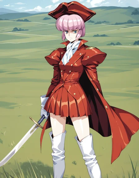 score_9, score_8_up, score_7_up
<lora:diana-silverneil-000030:1> diana silverneil, gloves, hat, long sleeves, pleated skirt, red skirt, puffy sleeves, red coat, knee boots, white boots,
1girl, solo, glaring, field, chaotic, cowboy shot, sword