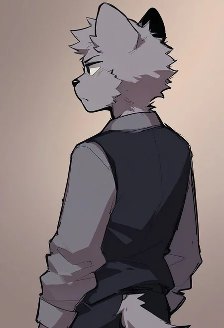 score_9, score_8_up, score_7_up, BrunoF, Gray fur, 1boy, furry, animal ears, furry male, focus male, tail, Gray fur, Black vest, gray shirt, gray sleeves, black pants, solo, sny, view back,