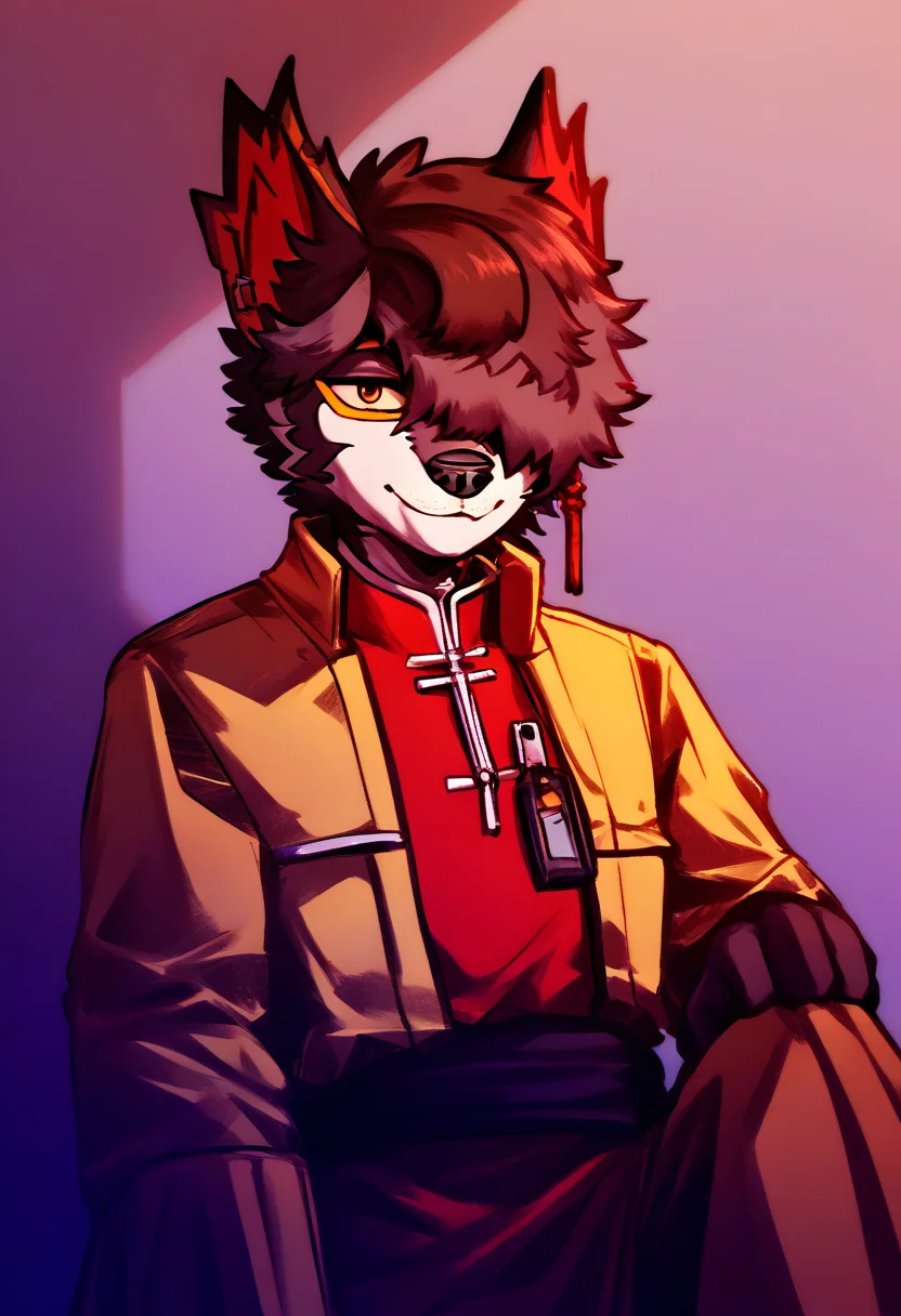 aak, h341ing_h4nd, evi1_h34rt, by dwc_marshal_arts, furry, 1boy, solo, looking at viewer, yellow sclera, hair over one eye, smile, science facility, <lora:Aak:1>, <lora:DWC_Marshal_Arts_style:1>