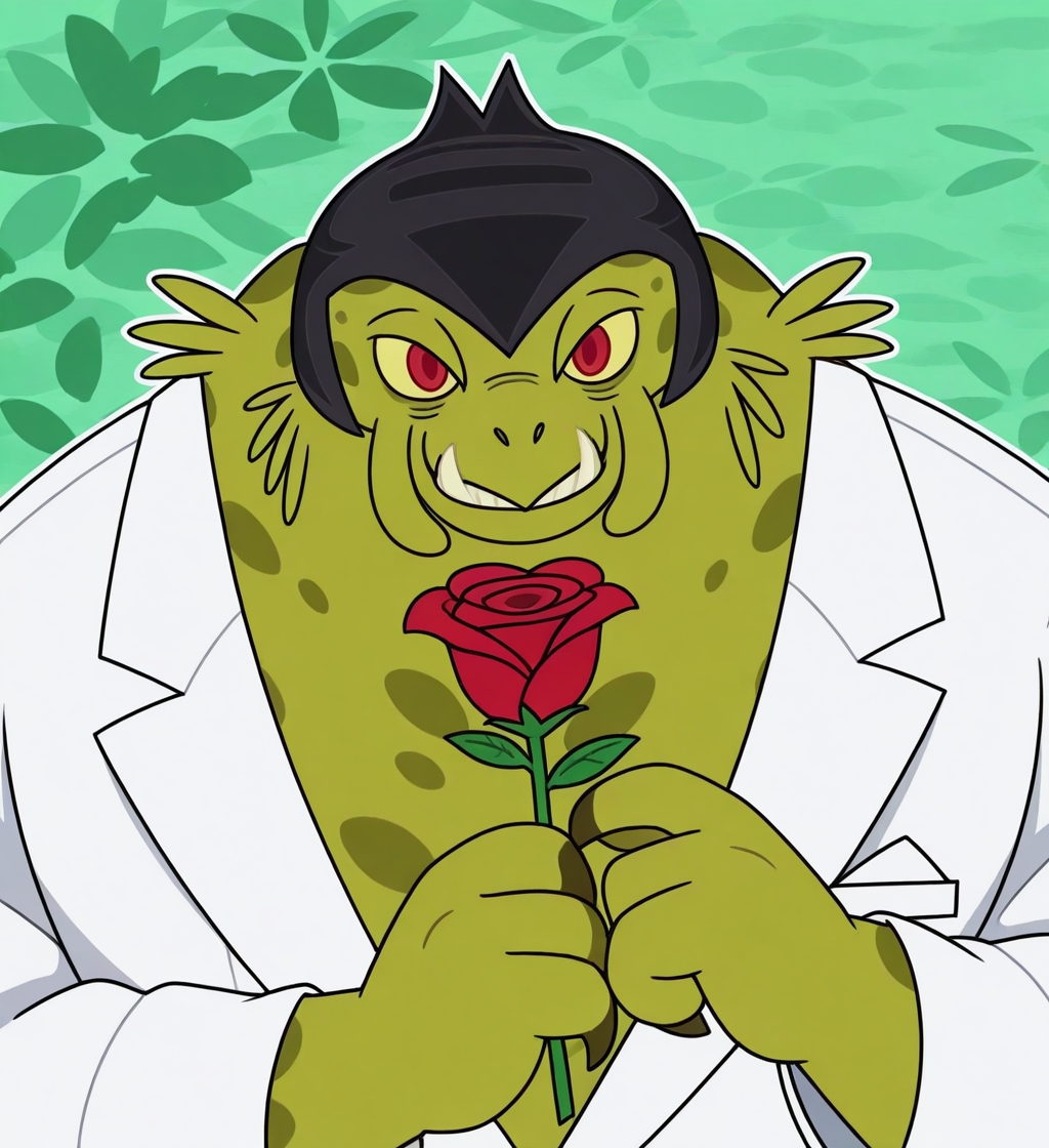 high resolution, best quality, 4k, outline, solo, male, front view, toothy grin, white tuxedo, white tophat, holding rose, looking at viewer, garden background, <lora:Memnock_-_Supernoobs_-_IL:1> memnocksn, alien, humanoid, beak, tusks, mandibles, thick neck, thick arms, broad shoulders, green skin, spotted skin, yellow sclera, red eyes, claws, black helmet