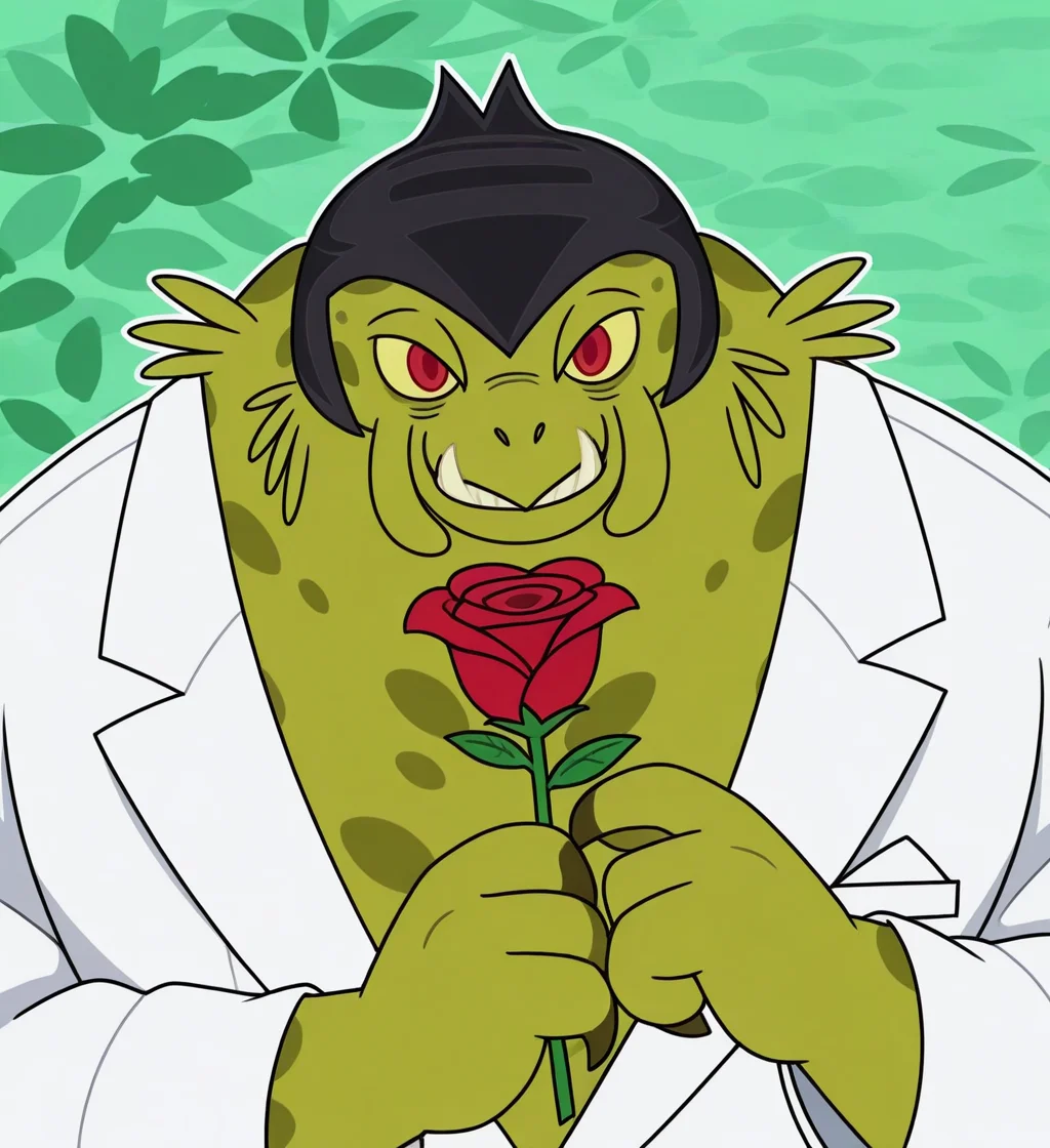 high resolution, best quality, 4k, outline, solo, male, front view, toothy grin, white tuxedo, white tophat, holding rose, looking at viewer, garden background, <lora:Memnock_-_Supernoobs_-_IL:1> memnocksn, alien, humanoid, beak, tusks, mandibles, thick neck, thick arms, broad shoulders, green skin, spotted skin, yellow sclera, red eyes, claws, black helmet