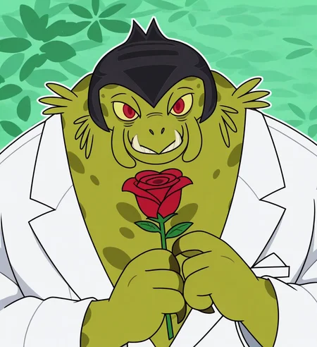 high resolution, best quality, 4k, outline, solo, male, front view, toothy grin, white tuxedo, white tophat, holding rose, looking at viewer, garden background, <lora:Memnock_-_Supernoobs_-_IL:1> memnocksn, alien, humanoid, beak, tusks, mandibles, thick neck, thick arms, broad shoulders, green skin, spotted skin, yellow sclera, red eyes, claws, black helmet