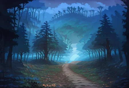 score_9, score_8_up, score_7_up, score_6_up, anime, anime style
forest, deep forest, open field, flowers, path through, mountains, rocky cliff on one side of the path