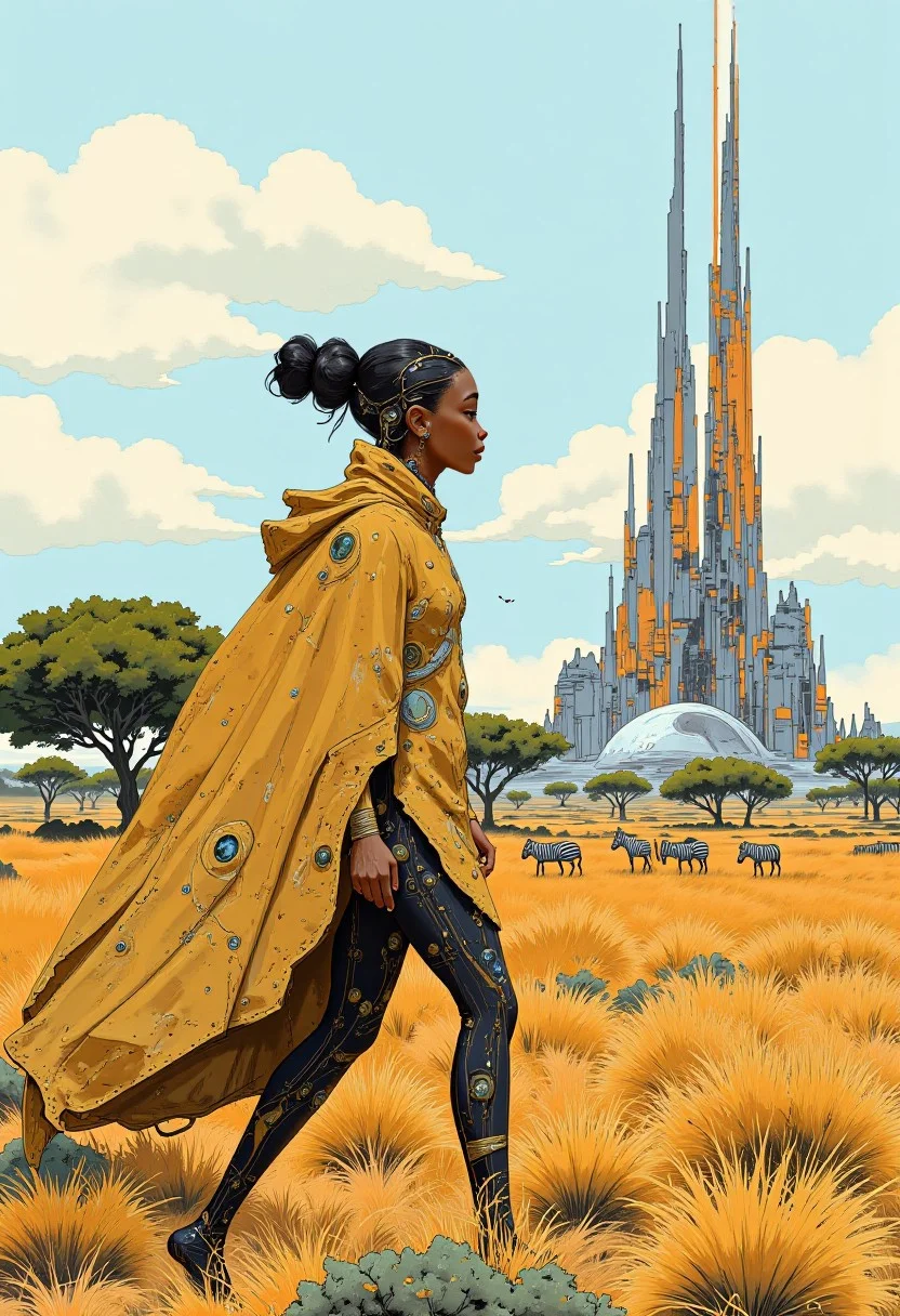 Portrait of an African woman walking towards the viewer, in a futuristic shwe-swhe jumpsuit and cloak, futuristic city on the horizon, plants, trees on the plain, African tribal elements and jewellery zebras on the plain, acacia trees