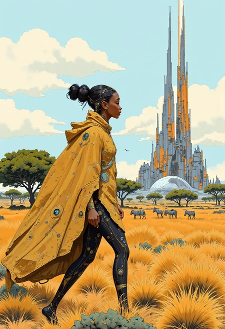 Portrait of an African woman walking towards the viewer, in a futuristic shwe-swhe jumpsuit and cloak, futuristic city on the horizon, plants, trees on the plain, African tribal elements and jewellery zebras on the plain, acacia trees
