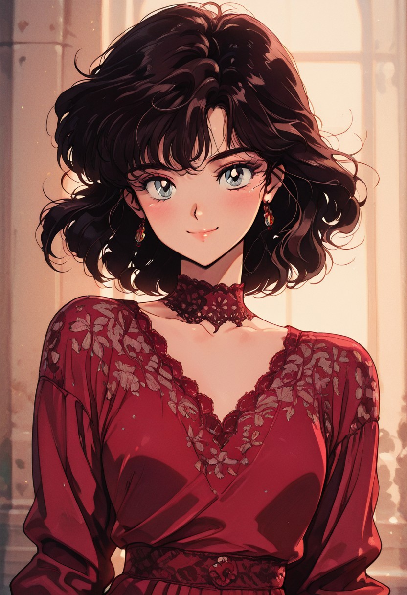 masterpiece,best quality,amazing quality, A close-up of a young woman with striking eyes, flawless skin, and a subtle smile, wearing a chic red dress with intricate lace details, soft lighting, and a warm, natural background, pinkretroanime, retro art