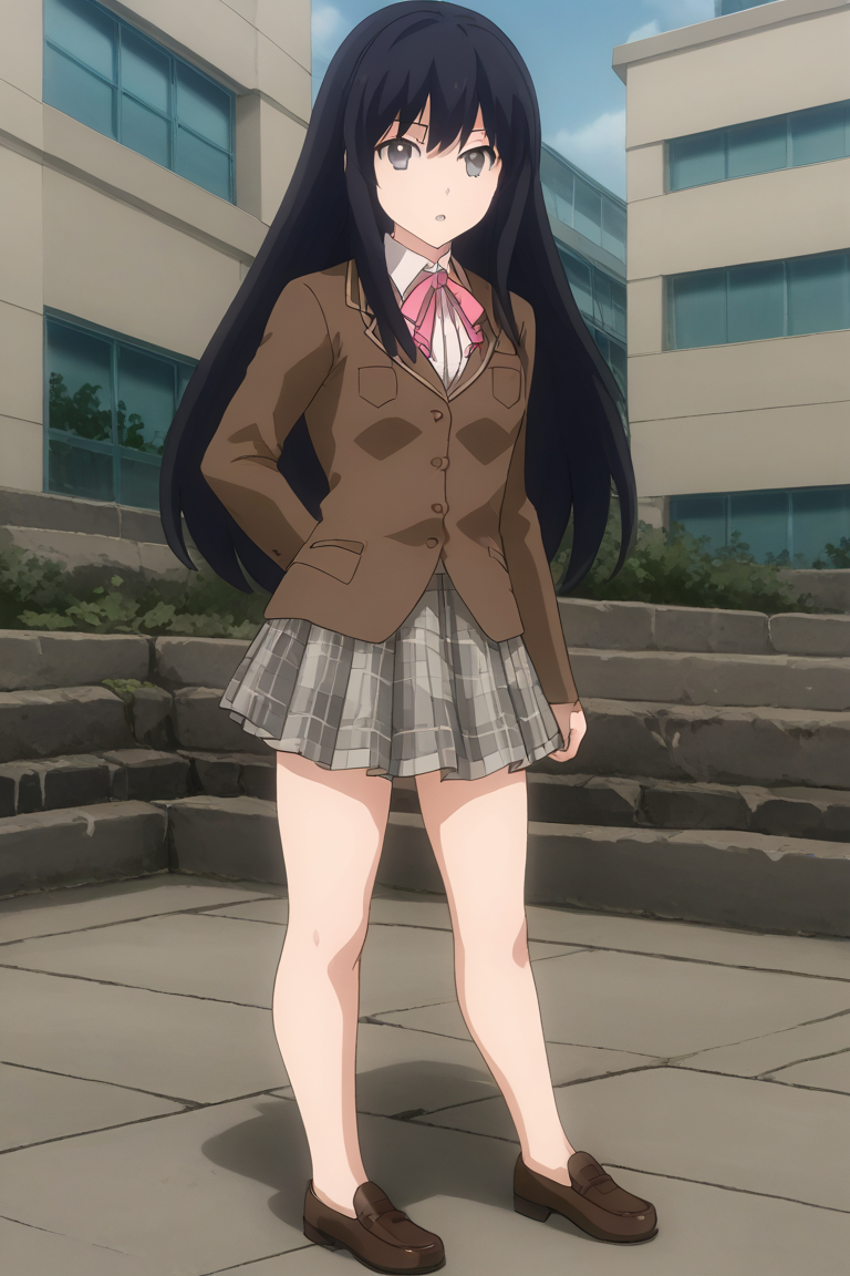 1girl, solo, alone, ayamenb, black hair, long hair, black eyes, brown blazer, white shirt, pink ribbon, neck ribbon, grey skirt, plaid skirt, footwear, brown loafers, school uniform, outdoors, school, campus, standing, full body, parted lips, looking at viewer
