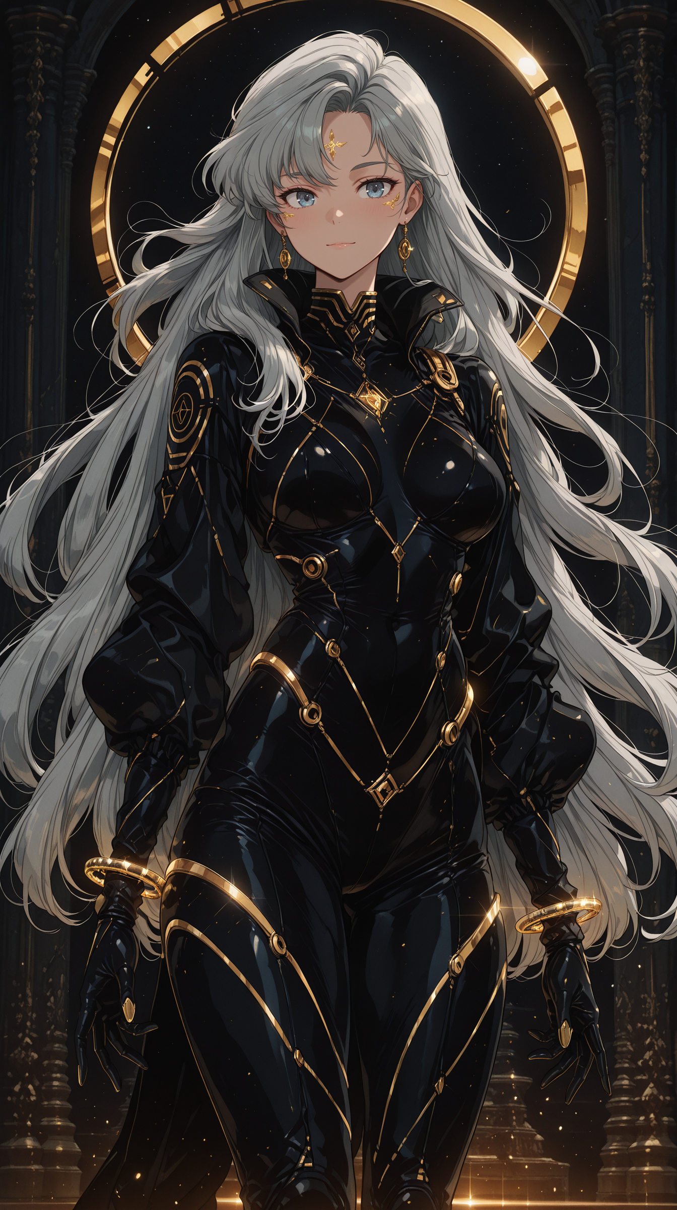 1girl, long flowing silver hair, piercing violet eyes, dramatic lighting, intricate celestial markings on skin, wearing an elegant black and gold bodysuit, futuristic high collar, standing in a cosmic void with floating golden rings, ethereal glow, deep space background, cinematic composition, high contrast lighting, highly detailed masterpiece, best quality, amazing quality, very aesthetic, absurdres, detailed eyes, newest, <lora:PinkieRetroAnimeIL:1>, pinkretroanime, retro art,