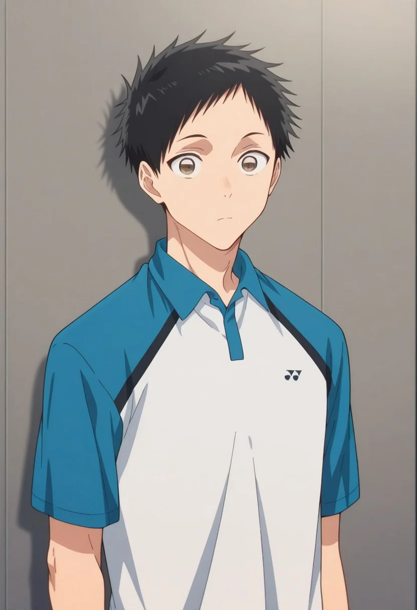 masterpiece,best quality,amazing quality,
taikinomata, 1boy, male focus, solo, brown eyes, black hair, short hair, sportwear, shirt, polo shirt, short sleeves, raglan sleeves, blue shirt, white shirt, multicolored shirt,