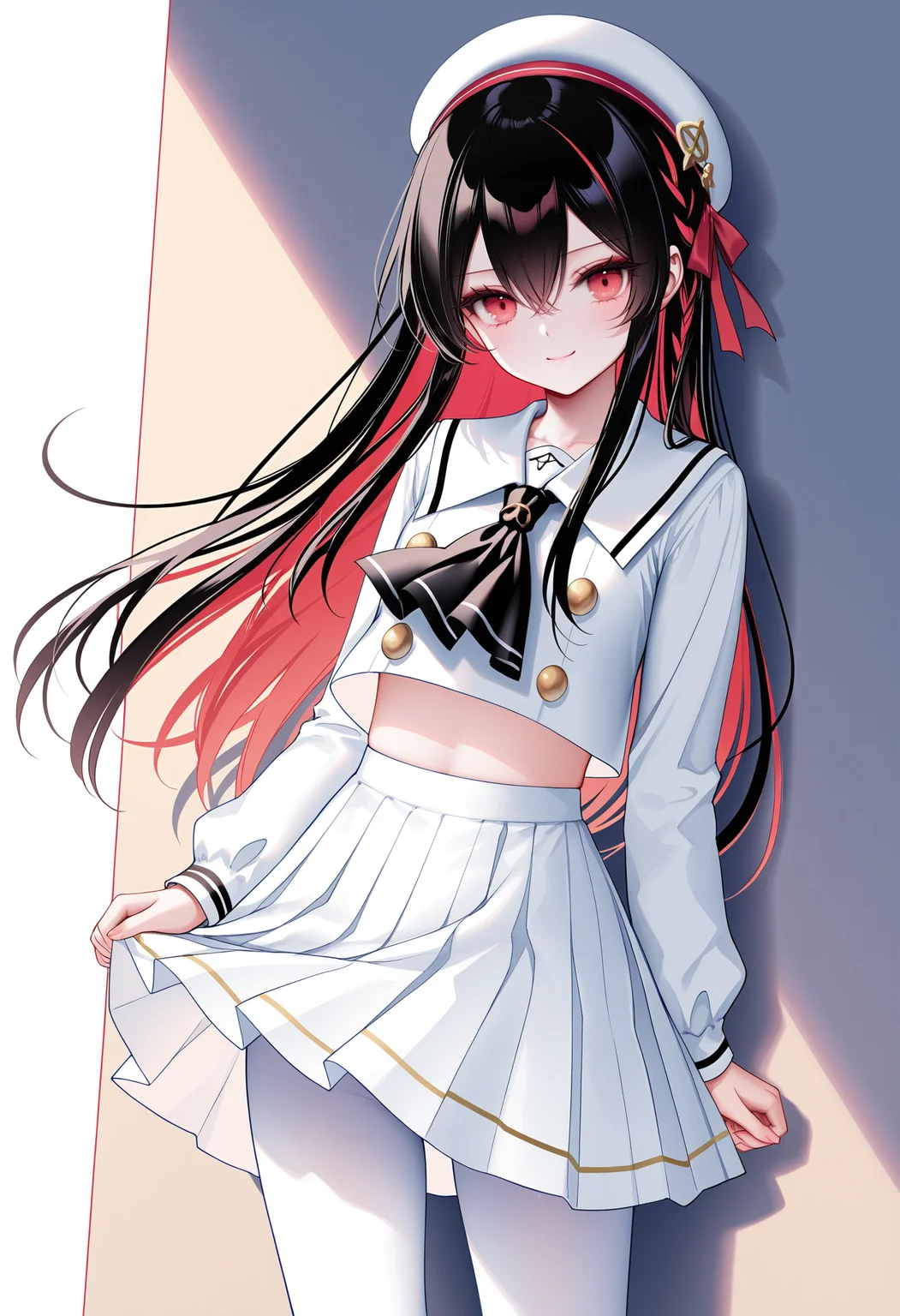 masterpiece, best quality, newest, absurdres, highres,(chen bin: 0.5),(hiten \(hitenkei\):0.4),(rimuu:0.5),(mignon:0.5),(sheya:0.6),
ren(def), 1girl, long hair, black hair, multicolored hair, red eyes, hair between eyes, red hair, colored inner hair,smile,
janus(school),,school uniform, white serafuku, white skirt, miniskirt, crop top, long sleeves,beret,neckerchief,white pantyhose,
standing, <lora:ren(witch)XLNAI:1>,<lora:Janus(Uniform)XLNAI:1>