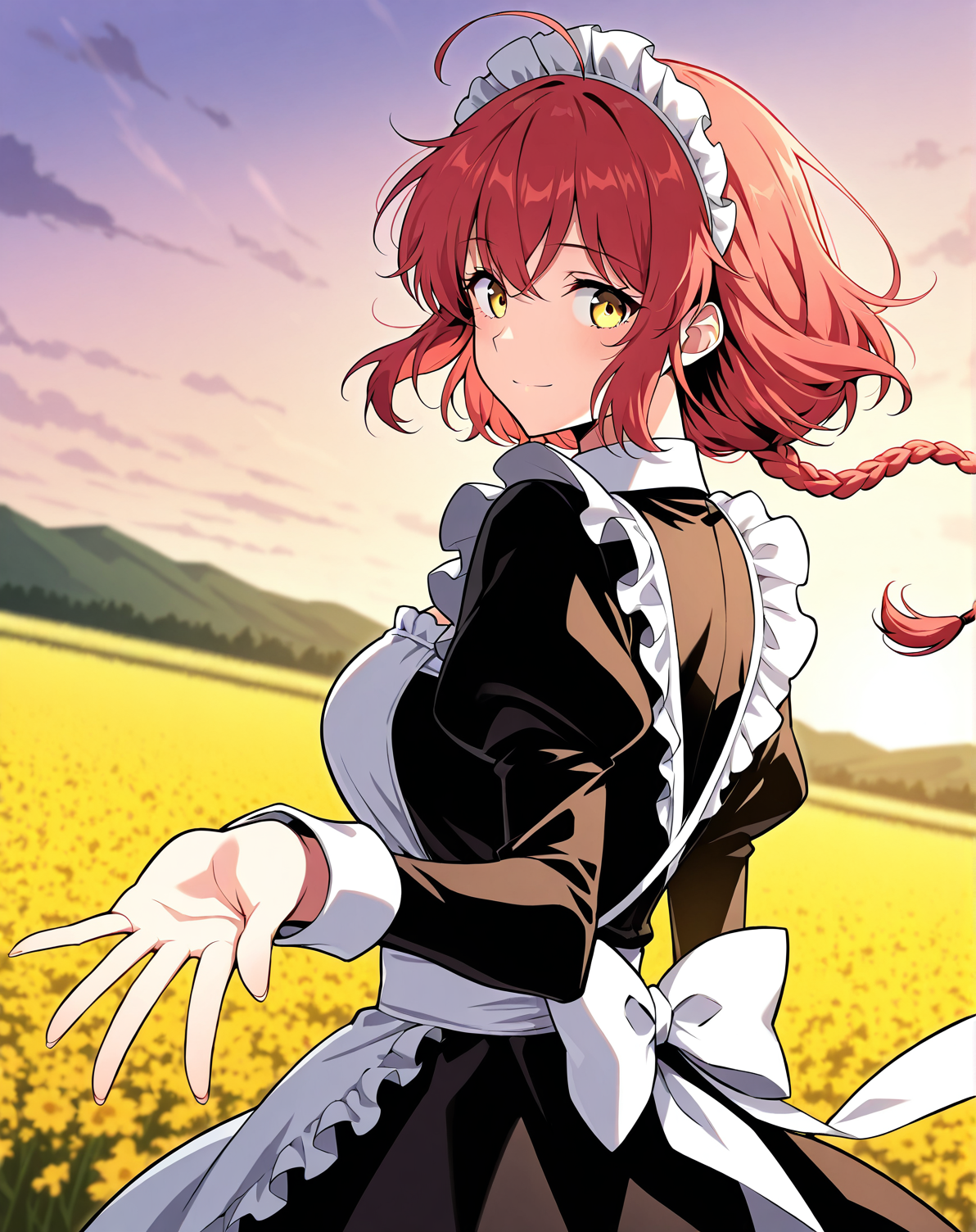 <lora:Ha_Yuri illustri:1>
1 girl, solo, long braided ponytail, red hair, short hair, ahoge, yellow eyes
maid's outfit
score_9, score_8_up, score_7_up, very aesthetic, source_anime, detailed, high quality, beautiful, masterpiece, detailed eyes, field, blurry background, pose dynamic angle, upper body, cowboy shot, light smile, looking back, reaching out, floating hair
