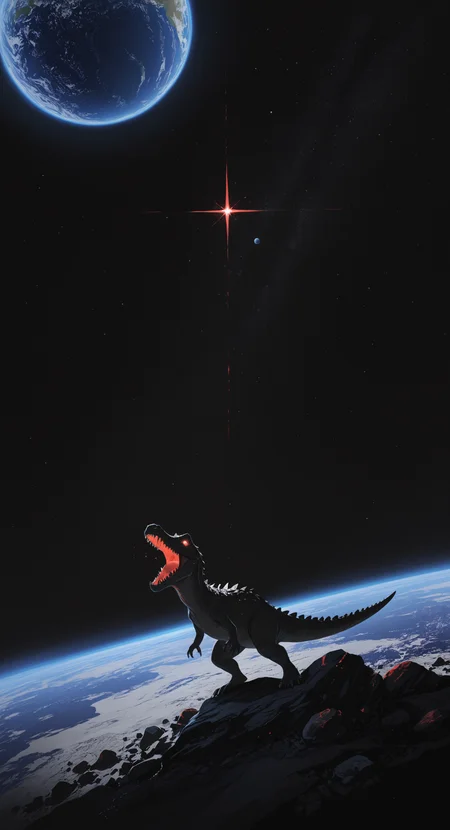 masterpiece, best quality, good quality, very awa, newest, highres, absurdres, solo, open mouth, standing, outdoors, teeth, sky, no humans, night, moon, sharp teeth, star \(sky\), night sky, starry sky, rock, space, planet, earth \(planet\), dinosaur, crocodilian, black sky, limited palette, sketch, glowing, psychedelic,
negative space <lora:illustriousXL_stabilizer_v1.23:0.3> <lora:NOOB_vp1_detailer_by_volnovik_v1:0.3> <lora:ponyv6_noobE11_2_adamW-000017:0.3> <lora:114558v4df2fsdf5:0.6> <lora:mon_monmon2133:0.5> <lora:negative-space:0.4>