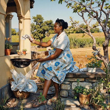 <lora:40s_Vintage_Nudity:1> Colour artwork. An intricate Art Deco photo depicting a laughing Haitian Victorian schoolmistress washing a Villa in a Farm. azure and gold reticulation details. a00-a24