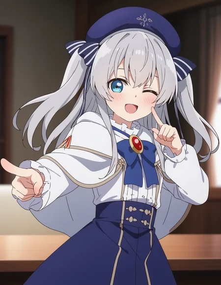 score_9, 1girl, solo,
claire, celia claire, blue eyes, grey hair, long hair, two side up, small breasts, <lora:seirei_gensouki_-_ celia_claire:0.8>
blue headwear, beret, brooch, blue bowtie, white capelet, white shirt, long sleeves, high-waist skirt, blue skirt,
looking at viewer, cowboy shot, pointing at viewer, hand up, pointing, index finger raised,
blush, smile, one eye closed, ;d, open mouth,
indoors, blurry background, depth of field,