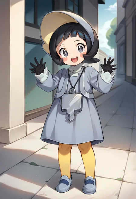 score_9, score_8_up, score_7_up, source_anime, masterpiece, 1girl, ctianpoppy,  grey dress, long sleeves, grey eyes, bonnet, yellow pantyhose, necklace, black gloves, blush stickers, looking at viewer, grey shoes, outdoors, open mouth, smile, <lora:r_Poppy ãã_pokemon_pony_ct:0.8>