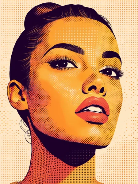 halftone_glitch, a woman's face with a geometric patterns, creating a poster-like effect. The woman's features are clearly visible, with her eyes looking directly at the viewer and her lips slightly parted. Her hair is pulled back in a neat bun, and her skin is a warm, golden hue. The geometric pattern is composed of various shapes and colors, including circles, squares, and triangles.<lora:General Flux\darkdescent-halftone-glitch.safetensors:0.9:1.0>