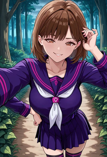 bright colors, detailed background,, volumetric light, vivid colours, standing,
looking at viewer, outdoors, overcast, dark, forest, vines, ponypositive, solo, solo focus, open hand on hip, hand adjusting hair behind ear, single eyebrow lifted, smirk,
ioriyoshRL, 1woman, solo, brown hair, brown eyes, standing, smile, thighhighs, school uniform, purple serafuku,
best quality, hyper detailed, ambient stylish expressive lighting, absolutely eye-catching masterpiece, body extremely close-up view, (facing viewer), forward, face extremely close-up shot, chest focus, selfie,