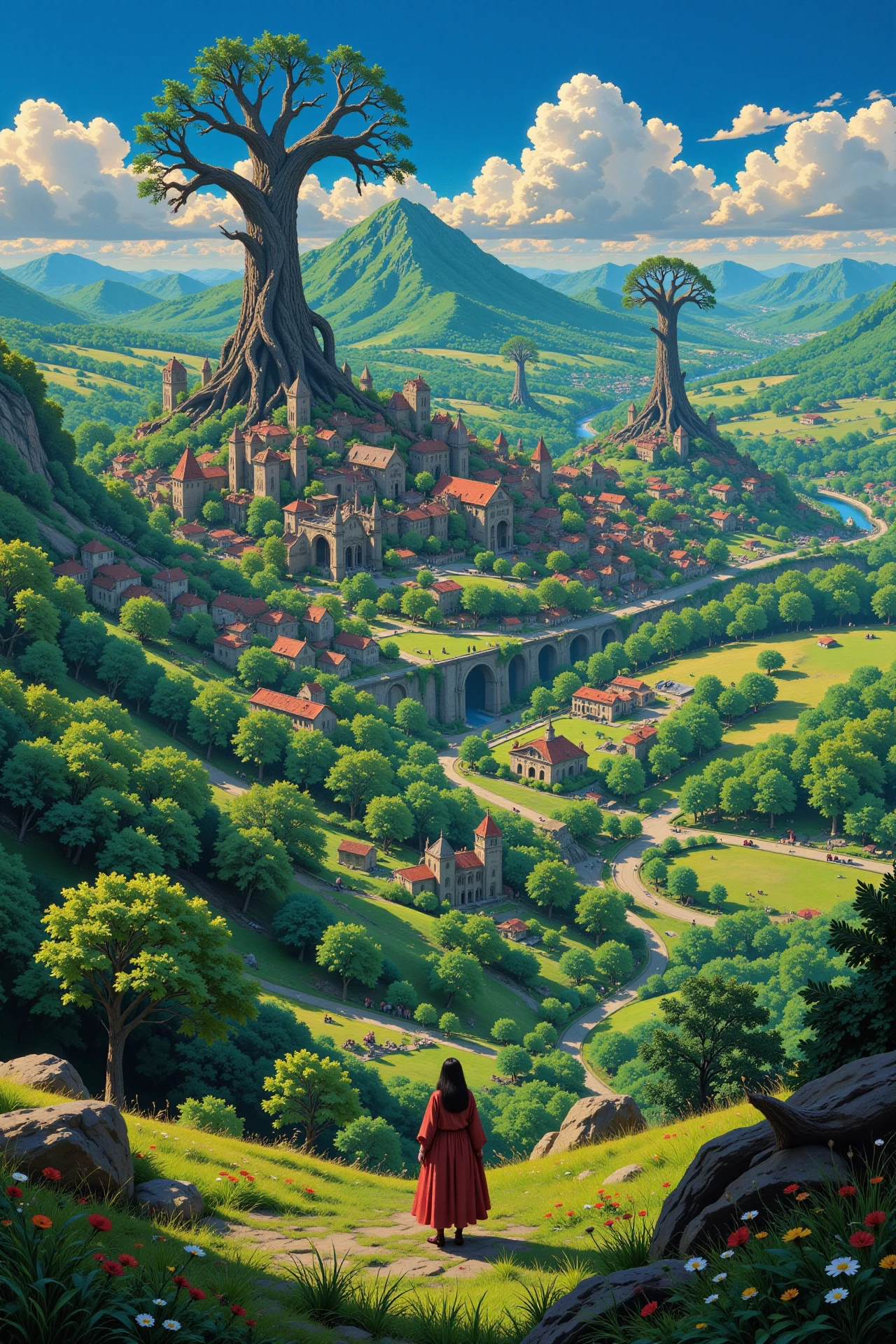 a druid city beautiful  landscape, morning, woman, very intricate, very detailed, sharp, bright, colorful, <lora:Hand v2:0.5> <lora:Anti-Blur:1><lora:Insane Detail Slider:0.25>  <lora:flux.1_lora_flyway_Epic-detail_v2:0.3> <lora:fluxenhancer:0.25> <lora:Anime_style:0.6> anime style