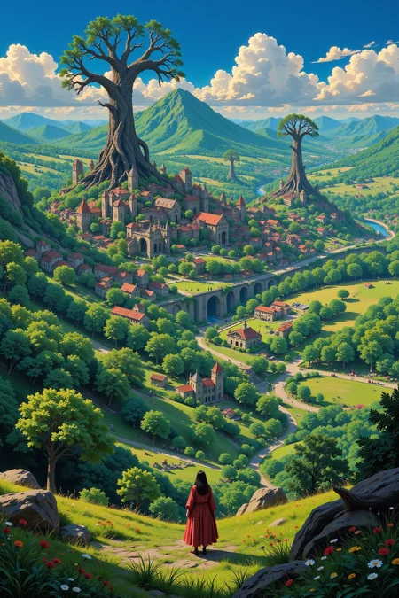 a druid city beautiful  landscape, morning, woman, very intricate, very detailed, sharp, bright, colorful, <lora:Hand v2:0.5> <lora:Anti-Blur:1><lora:Insane Detail Slider:0.25>  <lora:flux.1_lora_flyway_Epic-detail_v2:0.3> <lora:fluxenhancer:0.25> <lora:Anime_style:0.6> anime style
