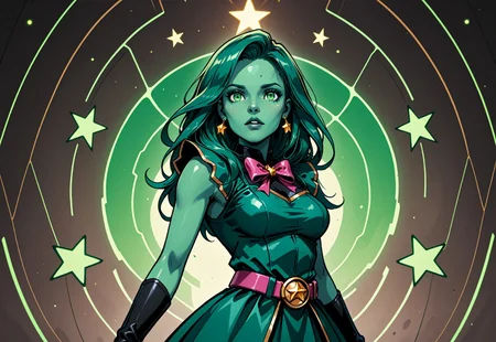 animated nightmare style, 1girl, solo, green eyes, gloves, star (symbol), green hair, dress, jewelry, earrings, green dress, breasts, colored skin, sleeveless, belt, parted lips, long hair, medium breasts, sleeveless dress, bow, black gloves, green skin