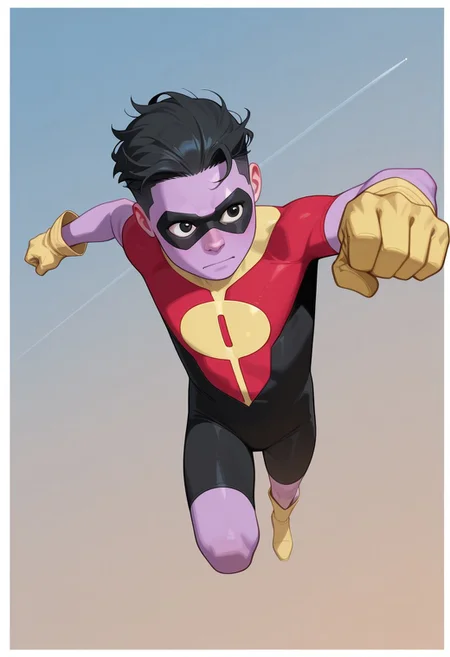 1boy, male focus, cute boy, rOliver_Grayson, Purple Skin, Colored Skin, Black Hair, Black Eyes, Domino Mask, Superhero Costume, Yellow Gloves, Yellow Boots, flying, simple background, graphic border, cinematic, intricately detailed illustration, depth of field, masterpiece, best quality, amazing quality, very aesthetic, absurdres, newest, very awa, shadow, dynamic angle, casual cosplay, dynamic pose, action pose