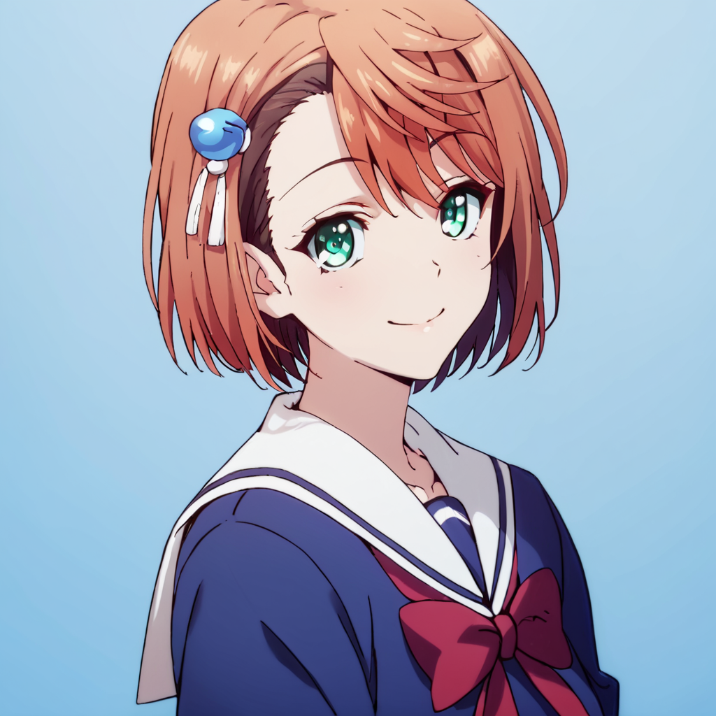 score_9, score_8_up, score_7_up, score_6_up, score_5_up, score_4_up, source_anime, , Chisaki, short hair, brown hair, hair ornament, school uniform, green eyes, , soft smile, portrait