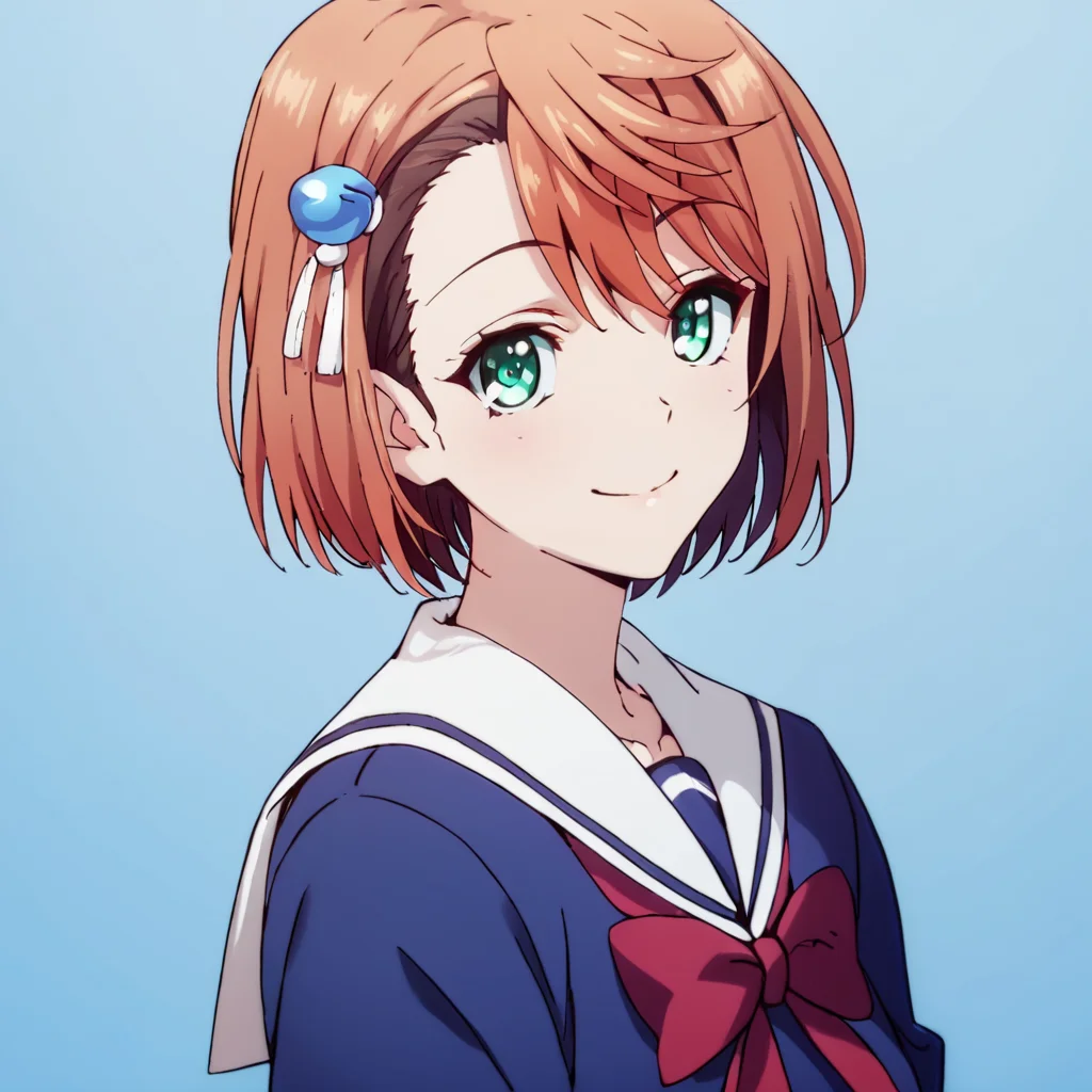 score_9, score_8_up, score_7_up, score_6_up, score_5_up, score_4_up, source_anime, , Chisaki, short hair, brown hair, hair ornament, school uniform, green eyes, , soft smile, portrait
