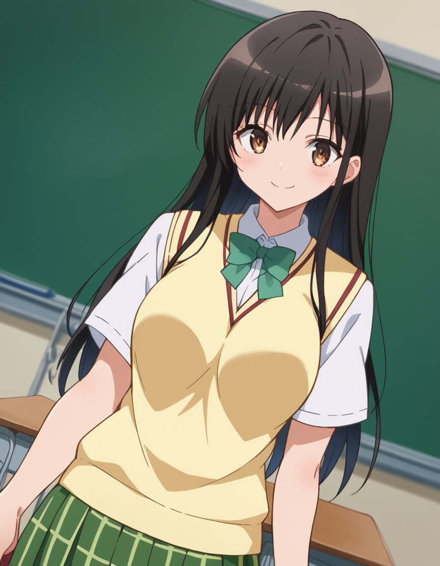 score_9, score_8_up, score_7_up, source_anime,
yuikotegawa, <lora:yui-kotegawa-darkness-ponyxl-lora-nochekaiser:1>,
yui kotegawa, black hair, brown eyes, long hair,
green skirt, plaid, plaid skirt, sainan high school uniform, school uniform, skirt, sweater vest, yellow sweater, short sleeves,
indoors, classroom, smile,
looking at viewer, dutch angle, cowboy shot,