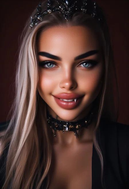 best quality, extremely detailed, highest quality, complex lines, complex details, detailed face, realistic photo portrait of a stunningly beautiful sexy female vampire, black tiara on the head decorated with white stones, black and white jewelry on the ears and neck, detailed eyes, vampire, two-tone hair, red hair on top, white hair below, freckles, long fangs, red eyes, slit pupils, red eyes, golden eyes, glowing pupils, glowing eyes, sharp nails, red plump lips, blood running down lips and chin, blood dripping, girl looking up, side view, sexy seductive look, open mouth showing white fangs, open mouth smile , cinematic hollywood movie, cinematic hollywood movie style, night lighting style, reddit low quality traditional media amateur real photo raw film grain perfecteyes <lora:FluxF4ngs:1>