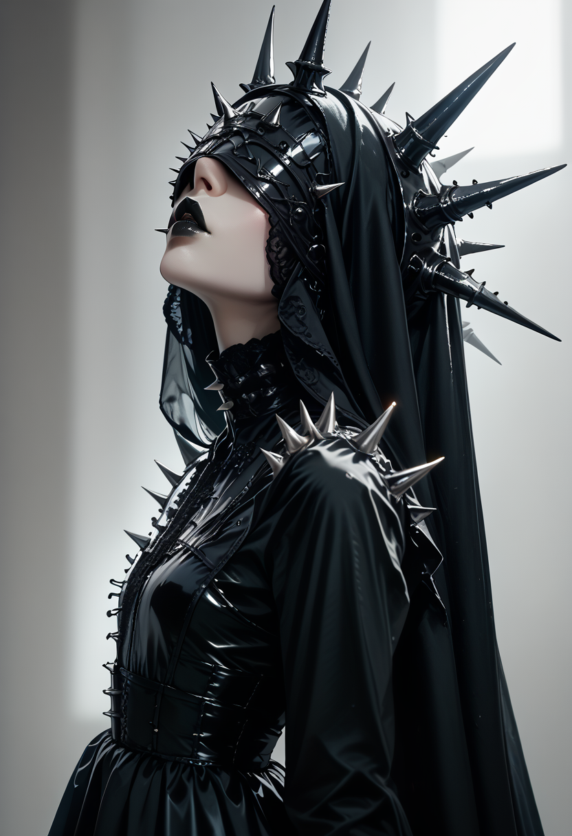 (score_9, score_8_up), score_7_up, 1girl, simple background, long sleeves, white background, dress, upper body, parted lips, grey background, black dress, from side, lips, makeup, lipstick, spikes, covered eyes, no eyes, gothic, black lips,
, blurry background, dark lighting, dof, depth of field, realistic, dark background, <lora:unholy-000009:0.85> <lora:CINE-000008:0.3>