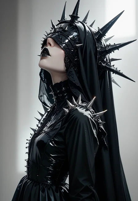 (score_9, score_8_up), score_7_up, 1girl, simple background, long sleeves, white background, dress, upper body, parted lips, grey background, black dress, from side, lips, makeup, lipstick, spikes, covered eyes, no eyes, gothic, black lips,
, blurry background, dark lighting, dof, depth of field, realistic, dark background, <lora:unholy-000009:0.85> <lora:CINE-000008:0.3>