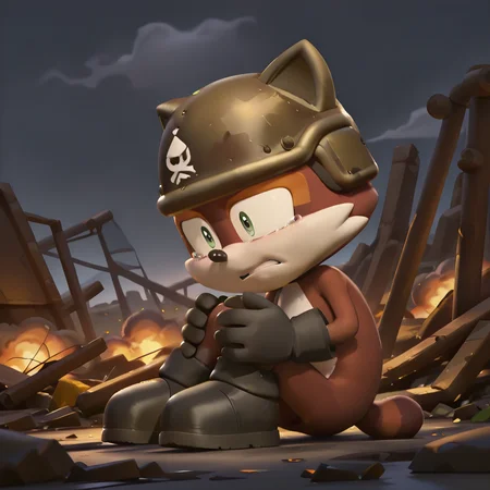 <lora:Jack_the_Raccoon_Sonic_Prime_-_Illustrious:1> 1boy, Jack, gloves, helmet, war zone, rubble, scrap metal, explosions, sitting, fetal position, tears, clenched teeth, war, scared, masterpiece, masterwork