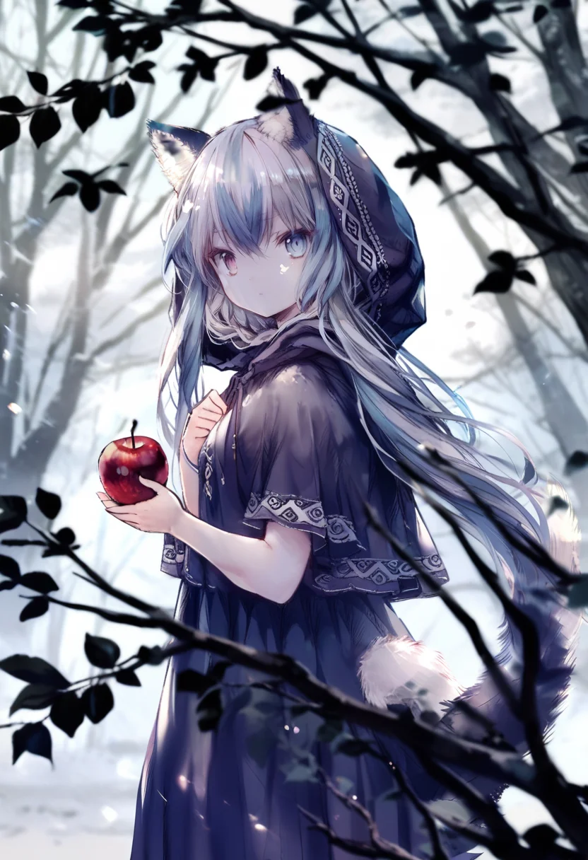 masterpiece, best quality, <lora:oninekoXL_ANI31_lokr_V43P1:0.95> 1girl, animal ears, solo, long hair, fruit, food, hood, apple, heterochromia, blue eyes, looking at viewer, branch, outdoors, tail, tree, looking to the side, dress, capelet, blurry, cat ears, animal ear fluff, red apple, hooded capelet, hair between eyes, from side, grey hair, depth of field, closed mouth, very long hair, nature, blue hair, forest, hood up, blurry background, wolf ears