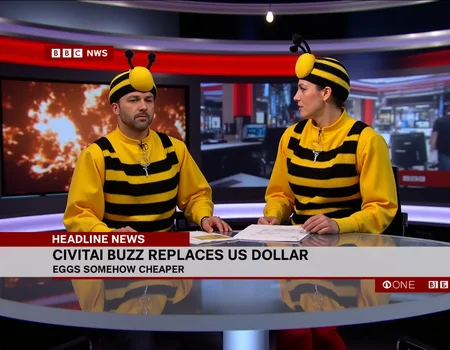 Man and a woman both wearing bee costumes sitting behind news desk on BBC News reading the latest headlines. The TV overlay says "BBC HEADLINE NEWS" with the headline CIVITAI BUZZ REPLACES US DOLLAR. below the text is EGGS SOMEHOW CHEAPER <lora:Concept_morse-BBCNewsroom-FLUX:1>. The monitors in the background display chaos and fire