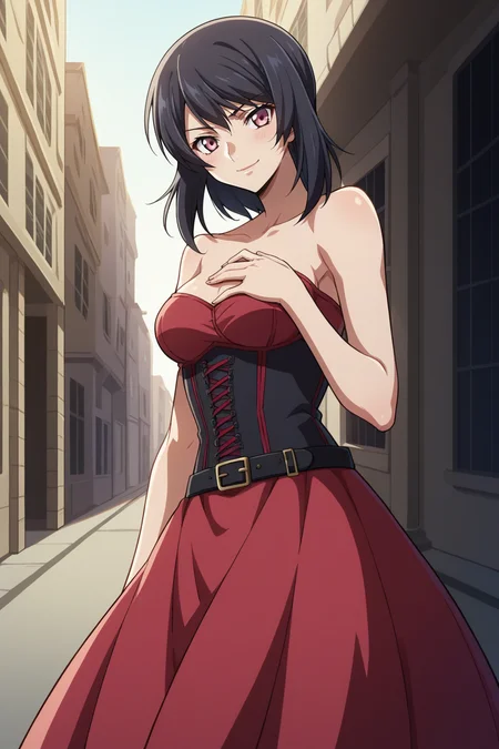 score_9, score_8_up, score_7_up, source_anime, 1girl, prefect lighting, very aesthetic, intricate details, highly detailed background, masterpiece, high quality, prefect hands, best quality, solo,
<lora:Ayano_Kosaka_Code_Geass_V1:.85>, KJOayano, dark hair, dark pink eyes, bangs, medium hair,
red skirt, black belt, corset, bare shoulders,
from side, seductive smile, smirk, standing, blush, looking at viewer, head tilt, hand on chest,
daytime, street, sunny, building,
(Beautiful, medium Breasts:1.2), natural breasts,