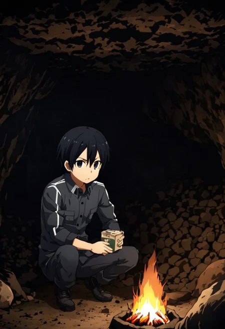 high resolution, solo, best quality, 1Boy, Kazuto Kirigaya, Black Hair, Black Eyes, cave, bunker, bonfire, field Ration, OverallDetail