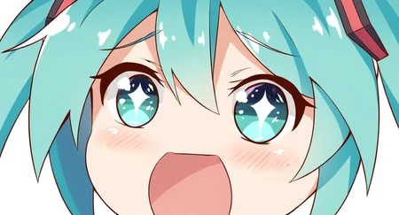 1girl,close-up,looking at viewer,sparkling eyes,no nose,portrait,simple background,solo,wawawa!,white background,,hatsune miku, <lora:wawawa-000006:0.6>, masterpiece, best quality, very aesthetic, absurdres