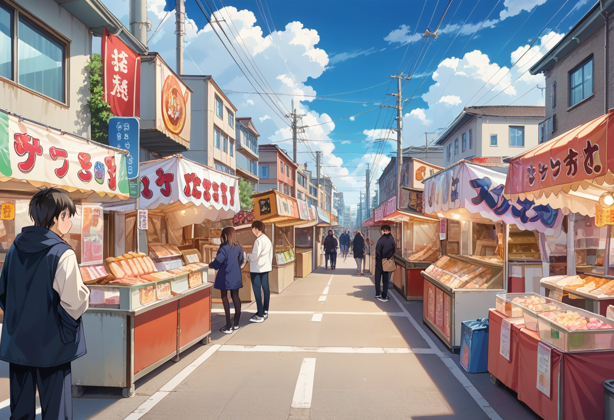 score_9, score_8_up, score_7_up, rating_safe, masterpiece, best quality, absurdres, unity 8k wallpaper, official art, official style, source_anime, uncensored, game cg, megami magazine,
omatsuri, food stand, outdoors, power lines, real world location, utility pole, sky, road, multiple boys, scenery, cloud, sign, street, day, multiple girls, 6+boys, food, building, city, holding, shop, bag, lamppost, blue sky, cloudy sky, coat, 
<lora:omatsuri_PONY_V1:1>
