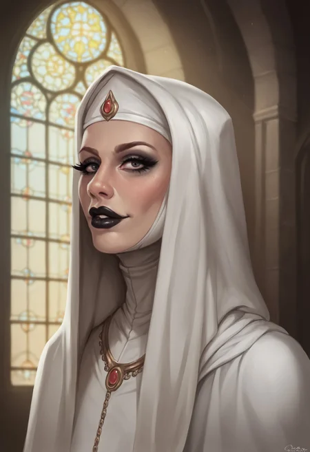 score_7_up, score_6_up, realism, isat4n-dh, (side view:0.7), portrait of fantasy priestess, holy light, makeup, black lipstick, seducing face, church <lora:add-detail-xl:0.5> <lora:sinfully_stylish_SDKL:0.5> <lora:Artist_Style_-_isatandoomsatan666_PDXL:1>