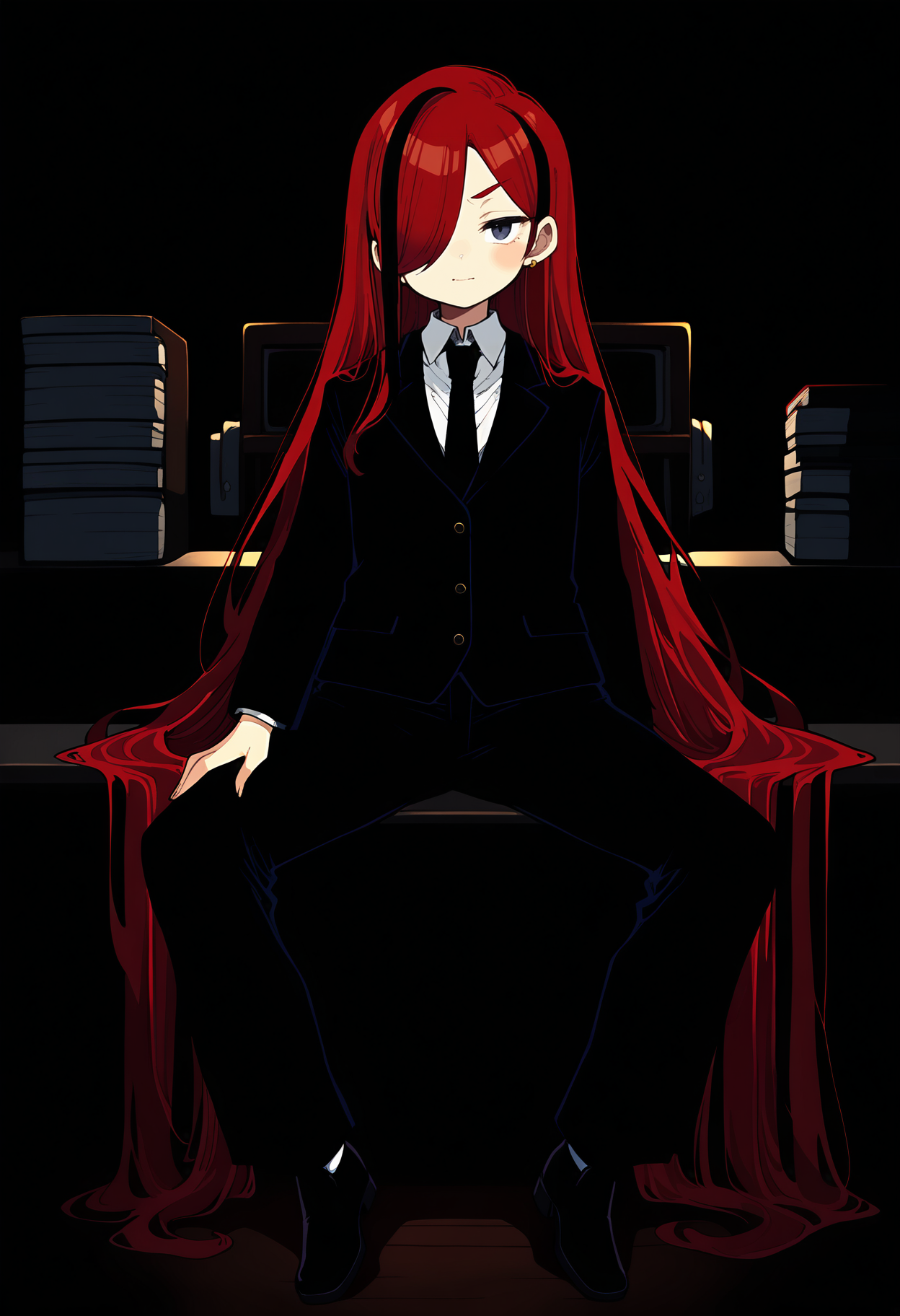 1girl,   crimson hair, streaked hair, very long hair,   hair over one eye,       
BREAK   1girl, spread legs, from head to legs,,         
BREAK                   black overcoat, black necktie, black pants,  office, dark room,      
BREAK general, (senmu \(0107\):0.9), (inaka keikou:0.55), (maniani:1.15), masterpiece, best quality, absurdres, highres, newest, <lora:ponyv6_noobV1_2_adamW:0.7>, <lora:VICE_v1.0:0.4>
