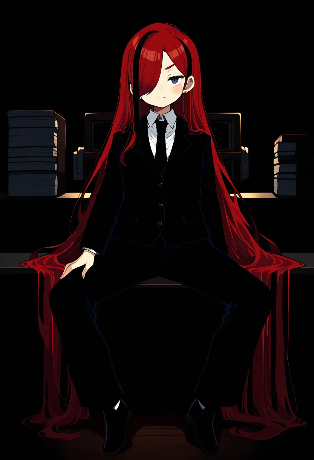 1girl, crimson hair, streaked hair, very long hair, hair over one eye,
BREAK 1girl, spread legs, from head to legs,,
BREAK black overcoat, black necktie, black pants, office, dark room,
BREAK general, (senmu \(0107\):0.9), (inaka keikou:0.55), (maniani:1.15), masterpiece, best quality, absurdres, highres, newest, <lora:ponyv6_noobV1_2_adamW:0.7>, <lora:VICE_v1.0:0.4>