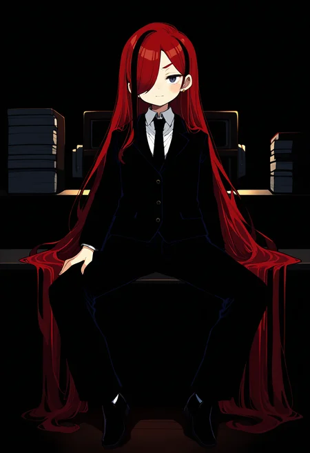 1girl,   crimson hair, streaked hair, very long hair,   hair over one eye,       
BREAK   1girl, spread legs, from head to legs,,         
BREAK                   black overcoat, black necktie, black pants,  office, dark room,      
BREAK general, (senmu \(0107\):0.9), (inaka keikou:0.55), (maniani:1.15), masterpiece, best quality, absurdres, highres, newest, <lora:ponyv6_noobV1_2_adamW:0.7>, <lora:VICE_v1.0:0.4>