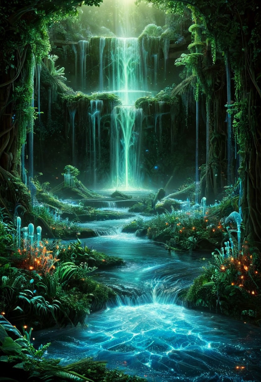 Amidst a mystical realm where ethereal flames dance, a celestial villain stands, their god-like aura emanating from glowing, intricate armor. This fiery dominion, inspired by the art of H.R. Giger, Alex Grey, and John Harris, is alive with swirling embers and cosmic energy.
In stark contrast, a tranquil summer scene unfolds where a majestic waterfall tumbles into a crystalline pool, embraced by lush flora. The sky above is a canvas of azure punctuated by playful clouds, with sunlight shimmering upon the water’s surface, crafting a serene tableau that whispers of nature’s untouched splendor.
art by Christopher Balaskas, 
aliens, alien-worlds, digital, eeriness, futuristic, landscapes, outer-space, science-fiction, vibrant, 
concept-art, fantasy, epic, majestic, magical, dreamy, perspective, light and shadow, moody, epic, 
beautiful, painterly, aesthetic, textural, vivid, vibrant, intricate details, highly detailed, ultra-detailed, absurdres, 
ais-blmn, gl0w, glow
alienworld