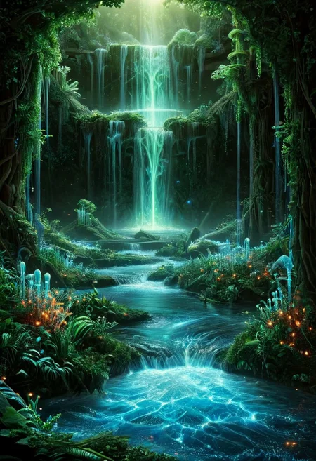 Amidst a mystical realm where ethereal flames dance, a celestial villain stands, their god-like aura emanating from glowing, intricate armor. This fiery dominion, inspired by the art of H.R. Giger, Alex Grey, and John Harris, is alive with swirling embers and cosmic energy.
In stark contrast, a tranquil summer scene unfolds where a majestic waterfall tumbles into a crystalline pool, embraced by lush flora. The sky above is a canvas of azure punctuated by playful clouds, with sunlight shimmering upon the water’s surface, crafting a serene tableau that whispers of nature’s untouched splendor.
art by Christopher Balaskas, 
aliens, alien-worlds, digital, eeriness, futuristic, landscapes, outer-space, science-fiction, vibrant, 
concept-art, fantasy, epic, majestic, magical, dreamy, perspective, light and shadow, moody, epic, 
beautiful, painterly, aesthetic, textural, vivid, vibrant, intricate details, highly detailed, ultra-detailed, absurdres, 
ais-blmn, gl0w, glow
alienworld