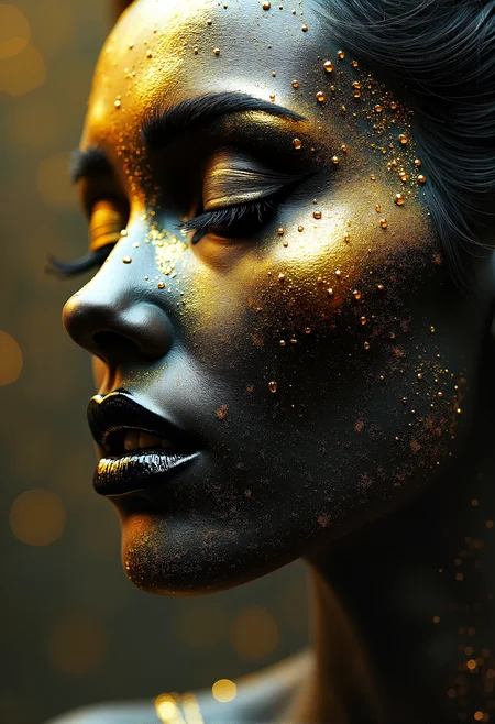 Masterpiece, 8k, HDR, best quality, photography, analog film, real life, extremely beautiful, highly detailed, intricately detailed, ray tracing, dramatic. (art by Peter Gric and Anne Bachelier:3.0). landscape. woman. cyberpunk. side view. (gold and black colour theme:2.4). golden droplets. intense black and gold makeup. (black lipstick. golden mascara.:2.5) art by ingrid baars
