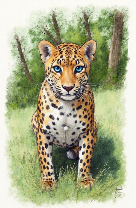 Sharp image of a rough sketch, rendered in vibrant multi colour ballpoint pen, capturing the adorable features of a close-up of a leopard's face. The leopard is sitting in a grassy area with trees and bushes in the background. The focus of the image is on the leopard, who is looking directly at the camera with a serious expression. Its fur is a mix of brown and black spots, and its eyes are a piercing blue. The background is blurred, but it appears to be a wooded area with more trees and foliage. p3nsk, <lora:p3nsk:1>
